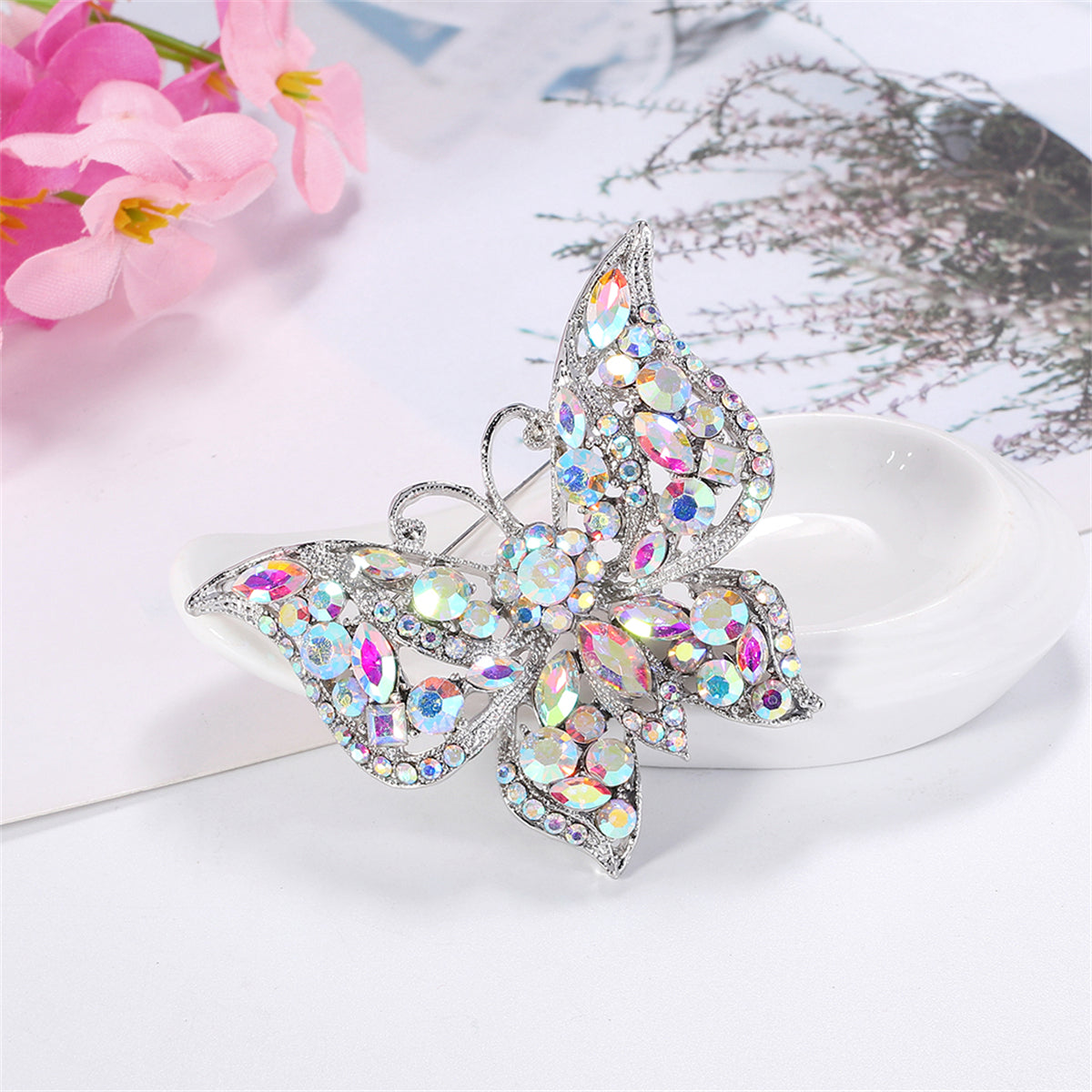 Red and Multicolor Cubic Zirconia Silver-Plated Butterfly Brooch, silver brooch pin, botanical inspired, side view