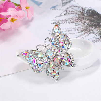 Red and Multicolor Cubic Zirconia Silver-Plated Butterfly Brooch, silver brooch pin, botanical inspired, side view