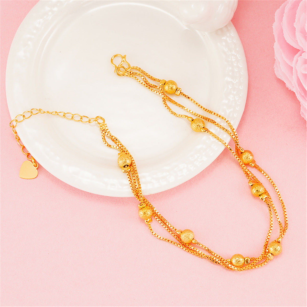 24K Gold-Plated Round Bead Layered Anklet, gold anklet bracelet, dainty minimalist design, side view