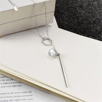 Pearl & Silvertone Bar & Ring Pendant Necklace