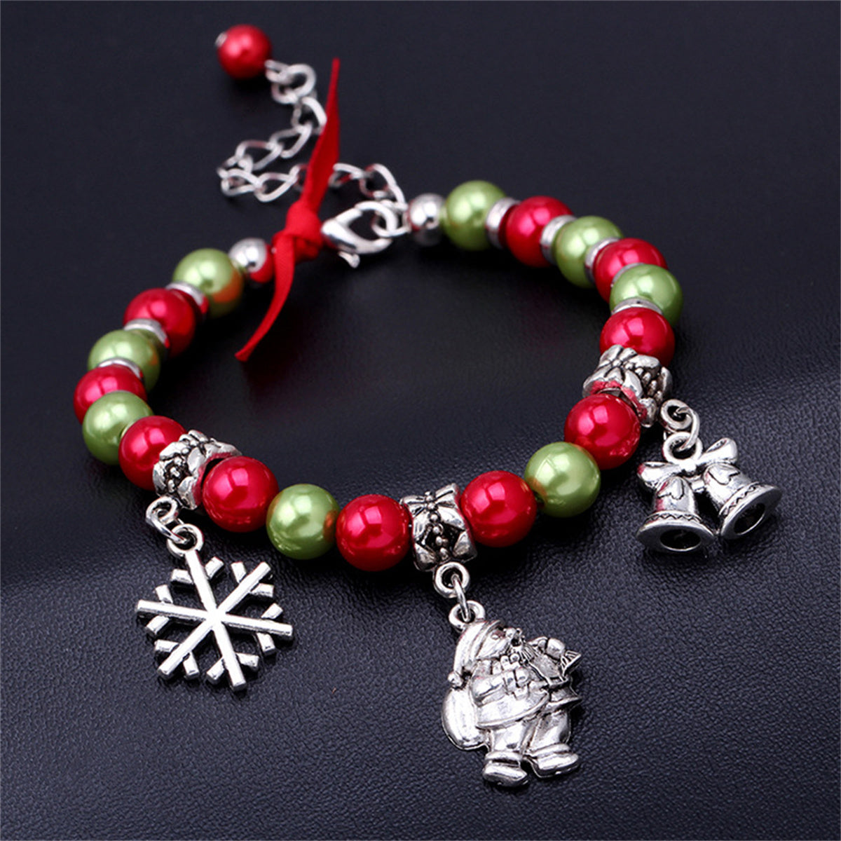 Red and Green Santa Snowflake Bell Beaded Charm Bracelet, bracelet for women, botanical inspired, styled look
