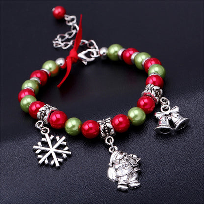 Red and Green Santa Snowflake Bell Beaded Charm Bracelet, bracelet for women, botanical inspired, styled look