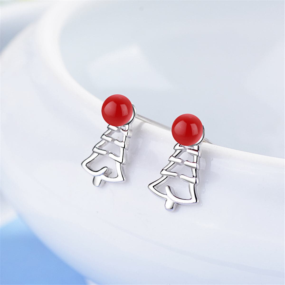 Red Pearl & Silver-Plated Tree Stud Earrings