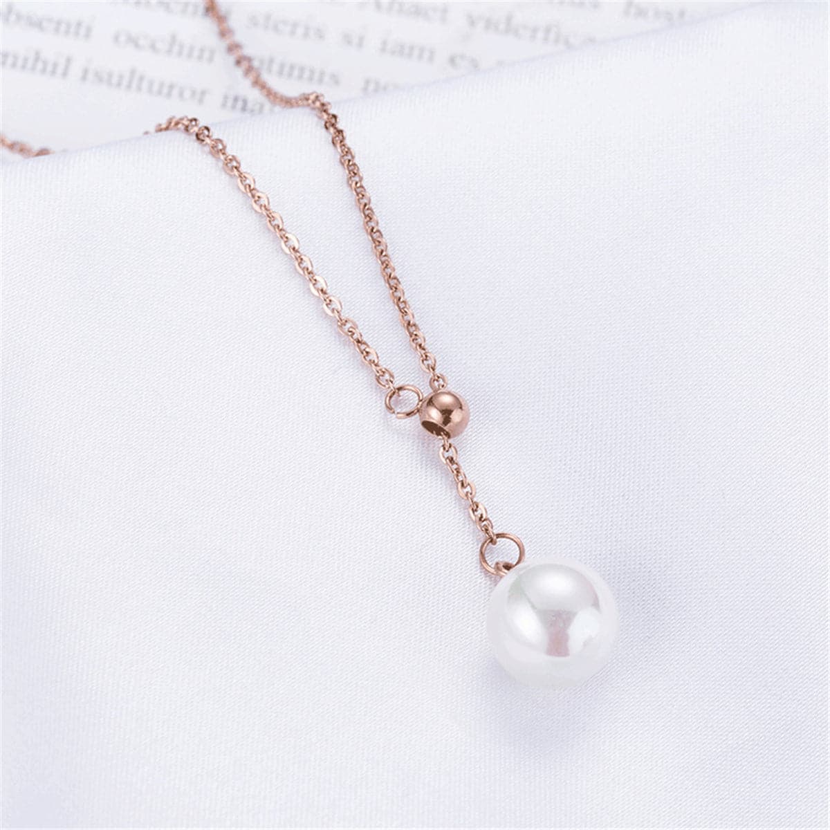 Pearl and 18K Rose Gold-Plated Lariat Necklace, rose gold pendant necklace for women, elegant gift for her, side view