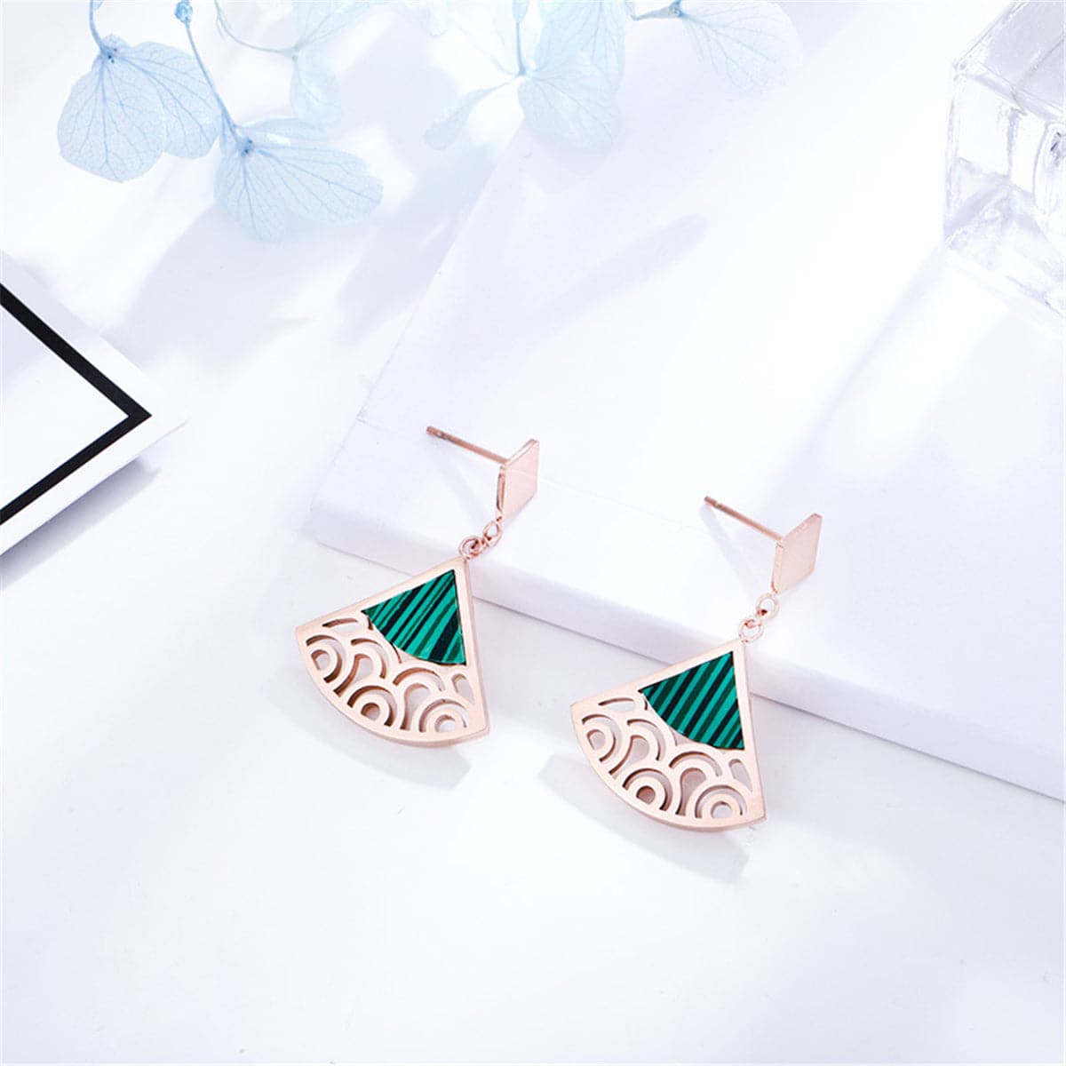 Green & 18K Rose Gold-Plated Filigree Triangle Drop Earrings