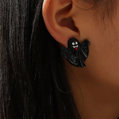Black and Silver-Plated Ghost Stud Earrings, silver stud earrings for women, vintage-inspired design, side view
