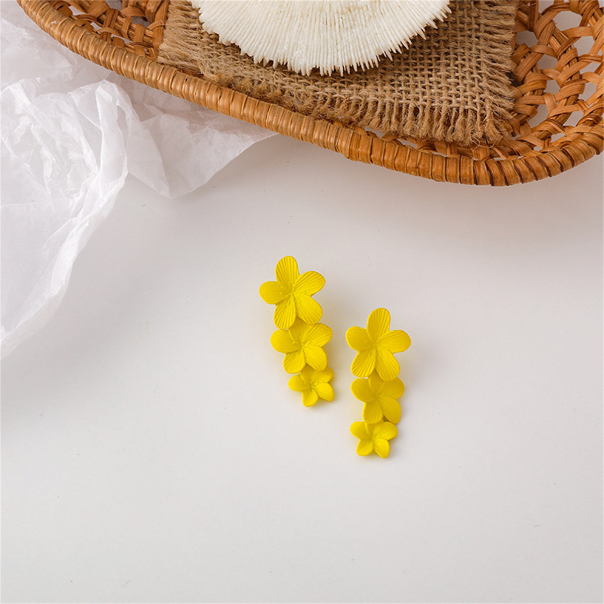 Yellow Enamel and Silver-Plated Linked Flower Drop Earrings, silver drop earrings for women, everyday style, detail close-up