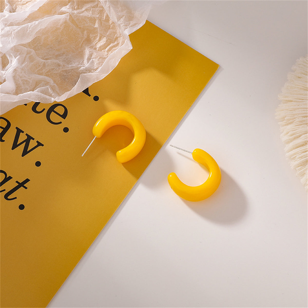 Yellow and Silver-Plated Half Hoop Earrings, elegant gift for her, detail close-up