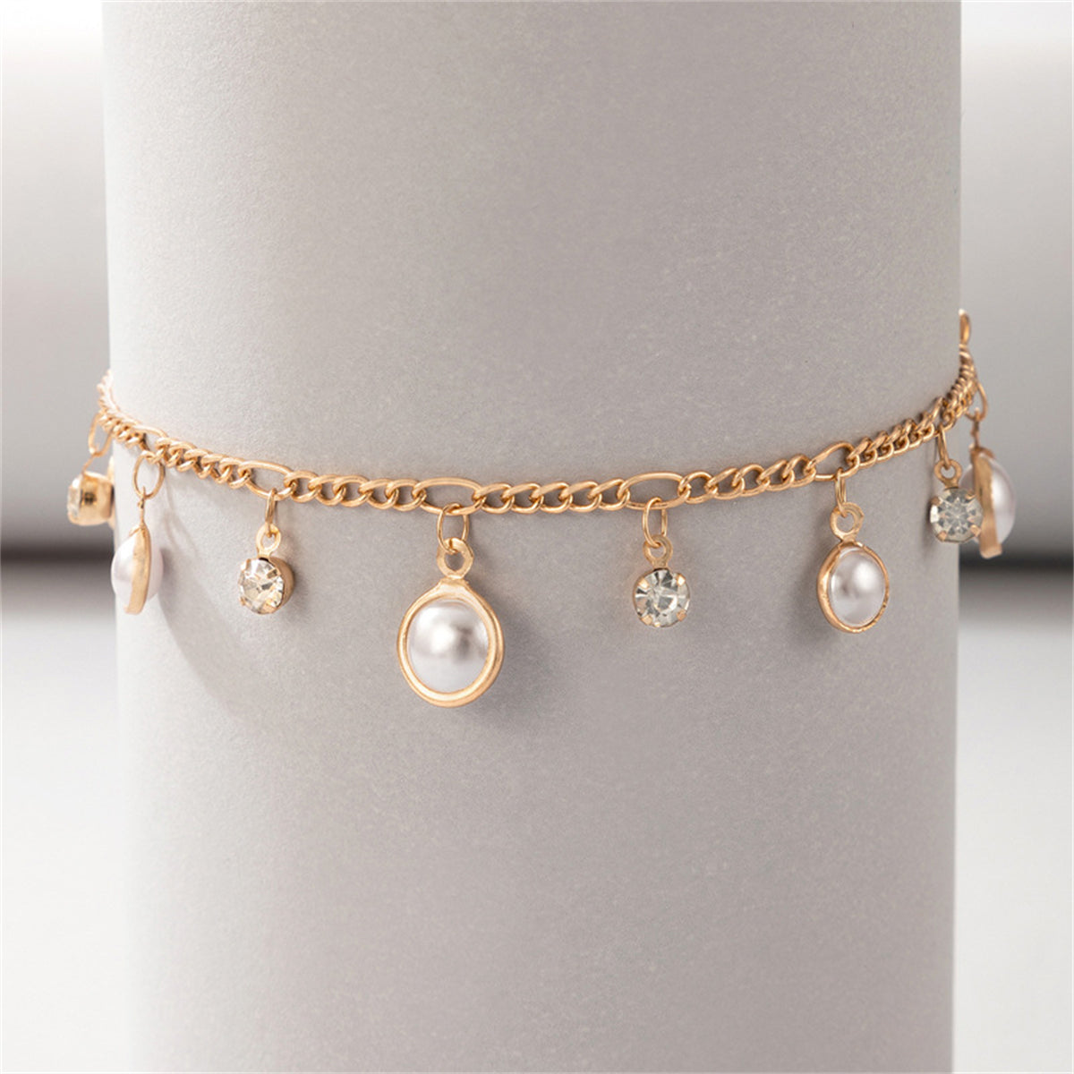 Pearl & Cubic Zirconia 18K Gold-Plated Tassel Anklet