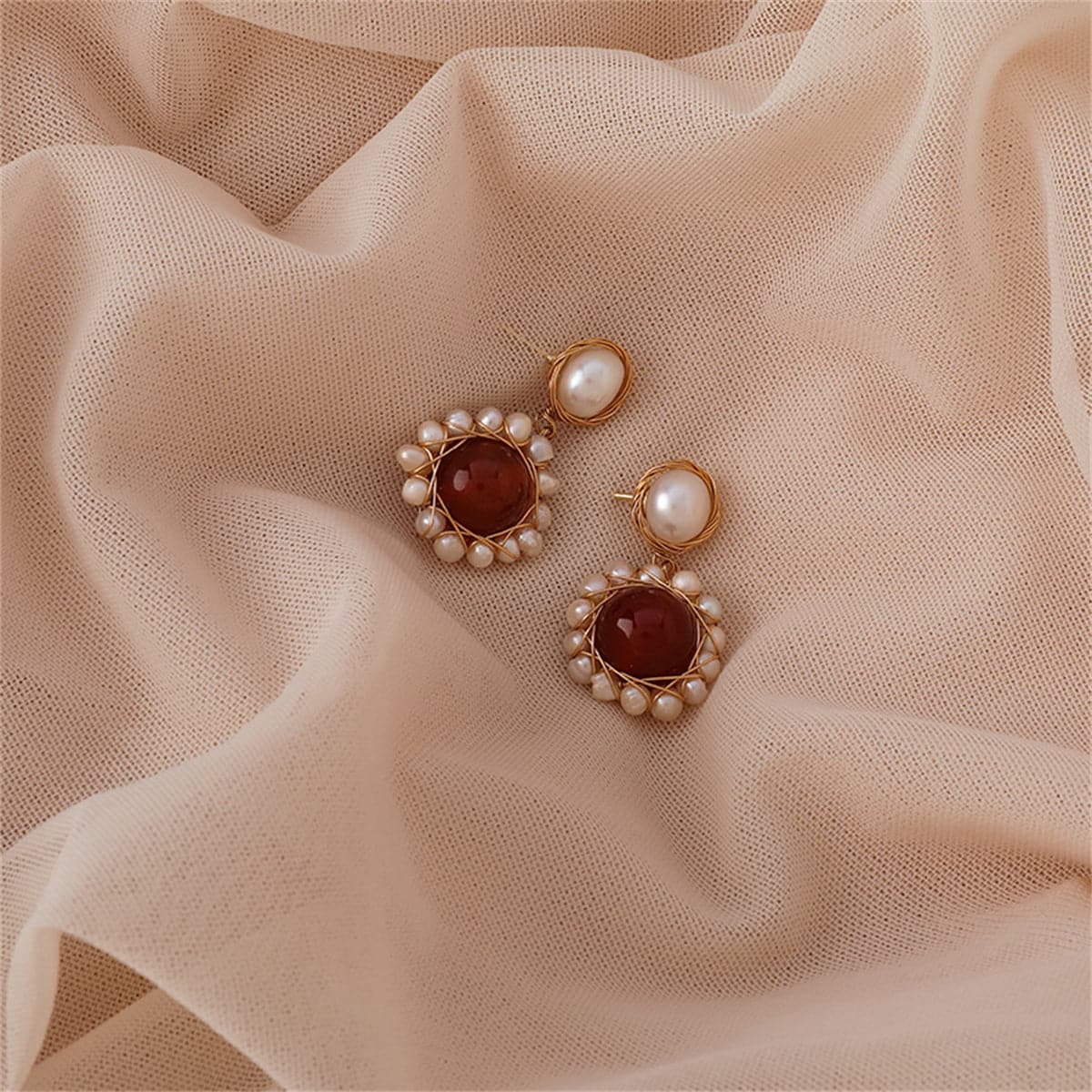 Red Agate & Pearl 18K Gold-Plated Entangled Drop Earrings