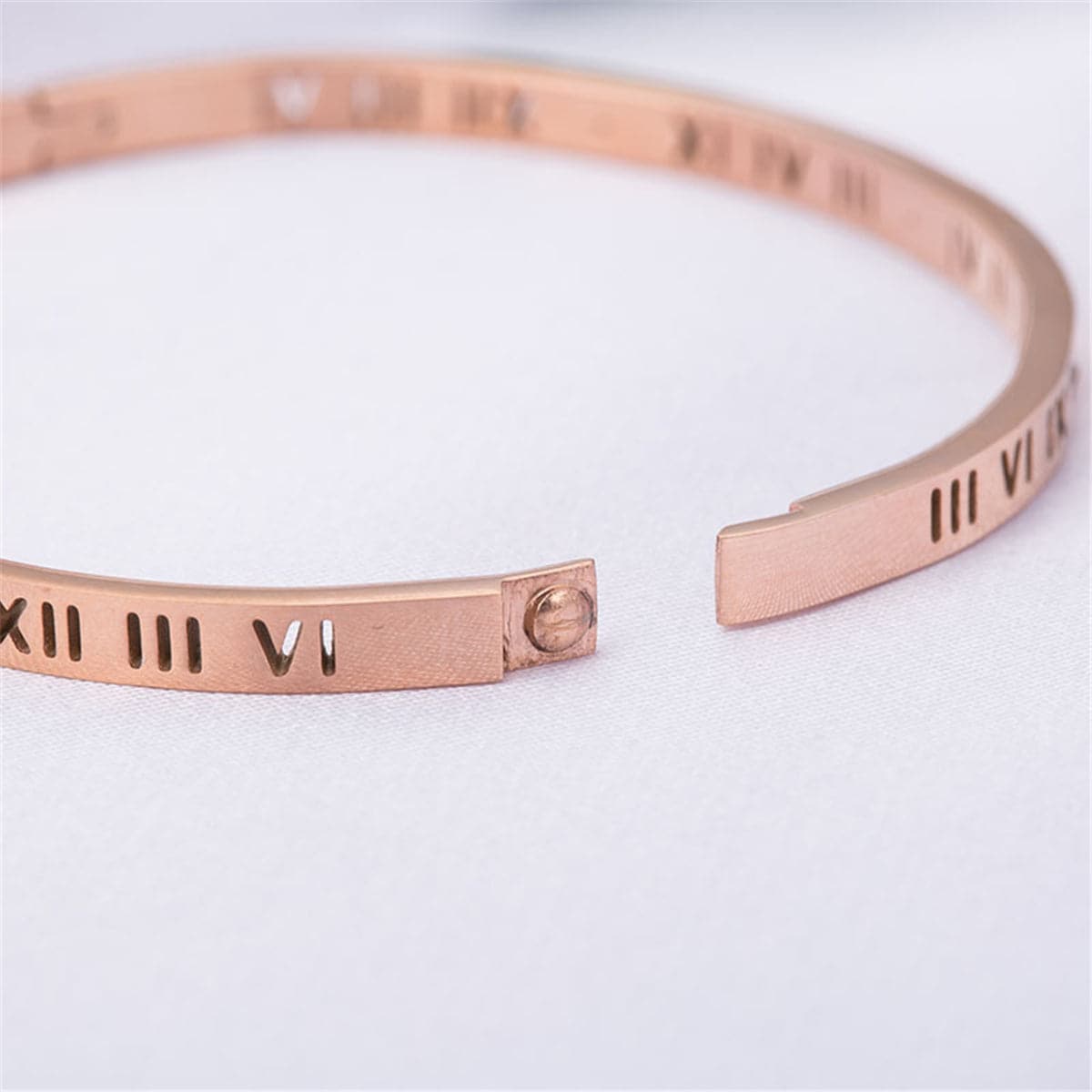 Cubic Zirconia and 18K Rose Gold-Plated Roman Numeral Bangle, rose gold bangle bracelet, everyday style, lifestyle look