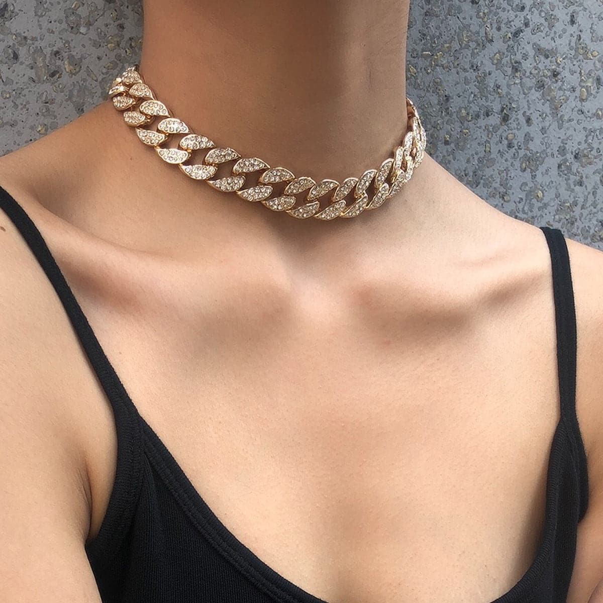 Cubic Zirconia and 18K Gold-Plated Curb Chain Choker Necklace, chunky gold choker necklace, everyday style, side view