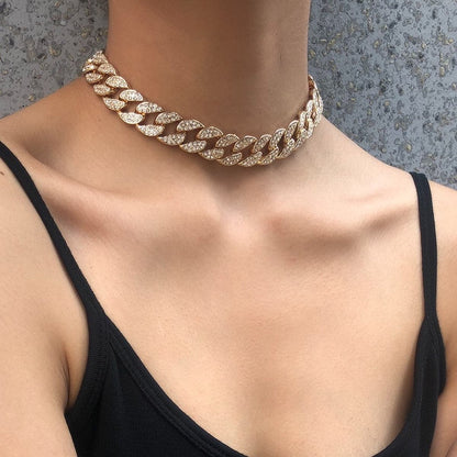 Cubic Zirconia and 18K Gold-Plated Curb Chain Choker Necklace, chunky gold choker necklace, everyday style, side view