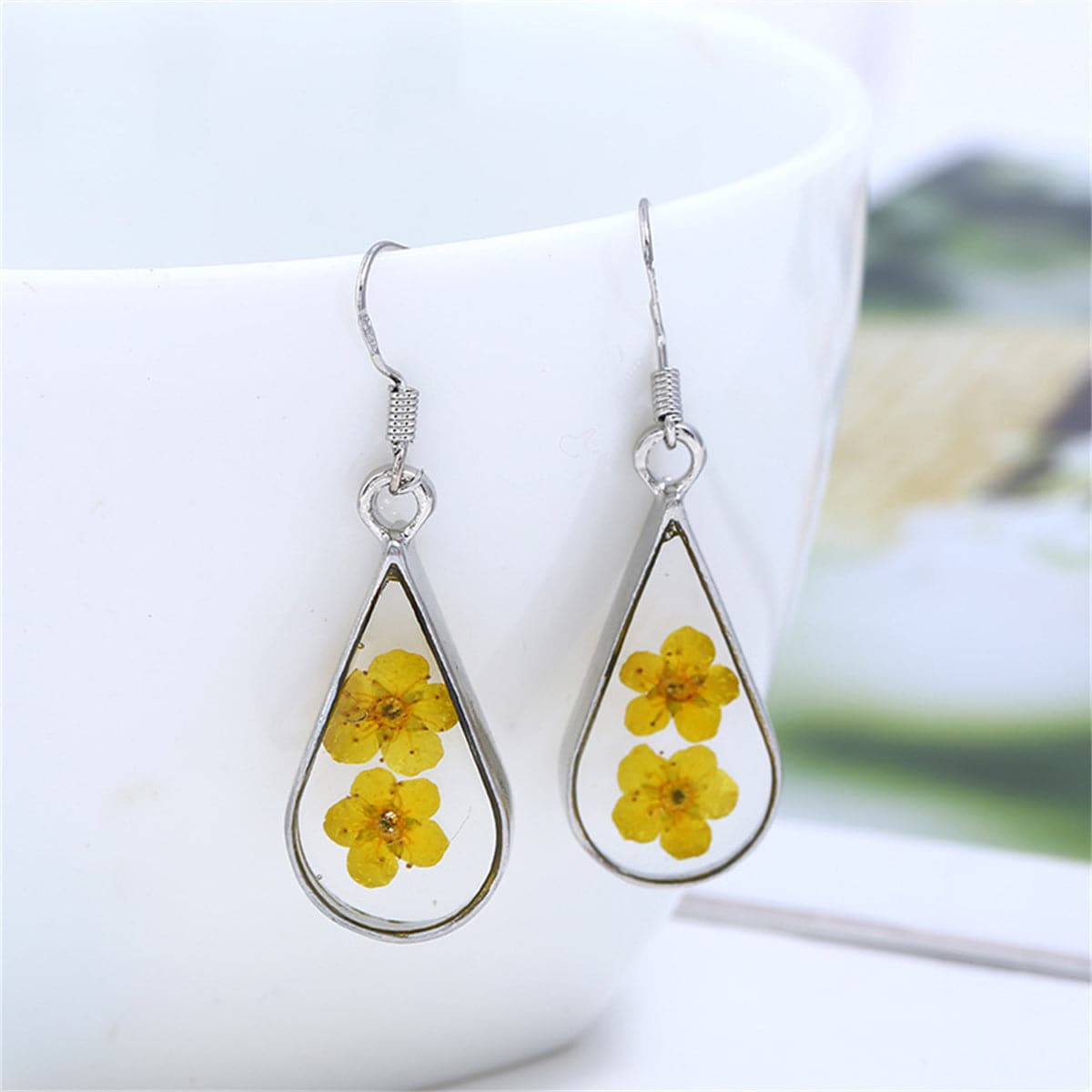 Double Yellow Pressed Peach Flower and Silver-Plated Drop Earrings, silver drop earrings for women, detail close-up