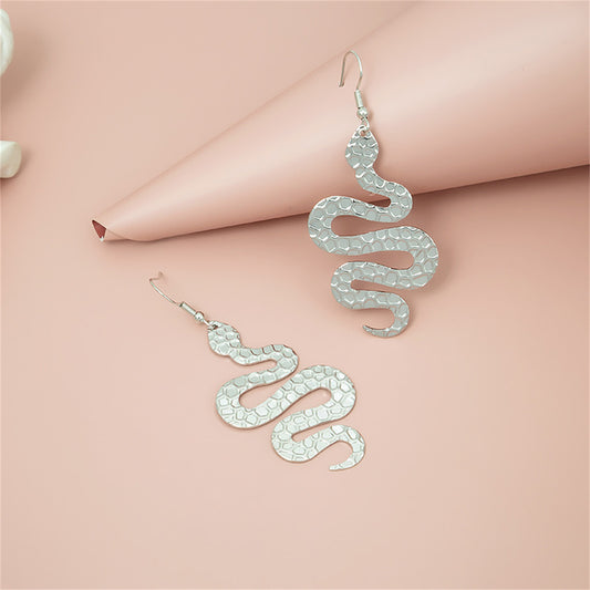 Silver-Plated Hammered Snake Drop Earrings, silver drop earrings for women, everyday style, front view