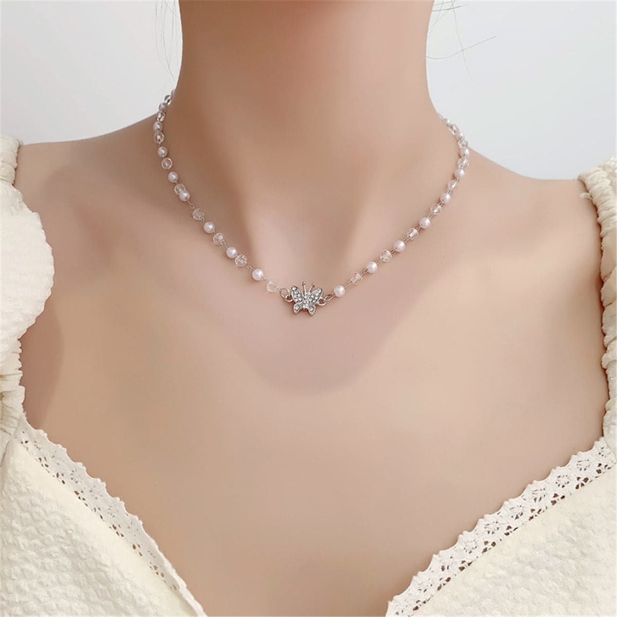 Cubic Zirconia & Pearl  Silver-Plated Butterfly Station Pendant Necklace