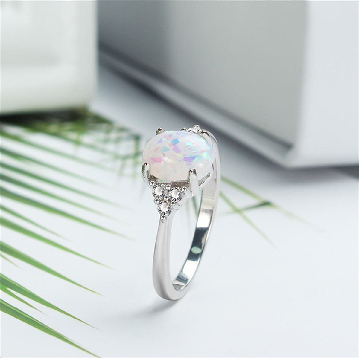 White Opal & Cubic Zirconia Oval-Cut Prong-Set Ring
