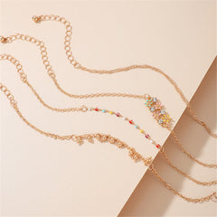 Cubic Zirconia & Resin Oil Drip 18K Gold-Plated Flower Anklet Set