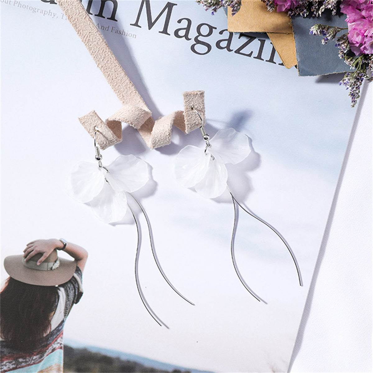 White & Silver-Plated Petal Trio Tassel Drop Earrings