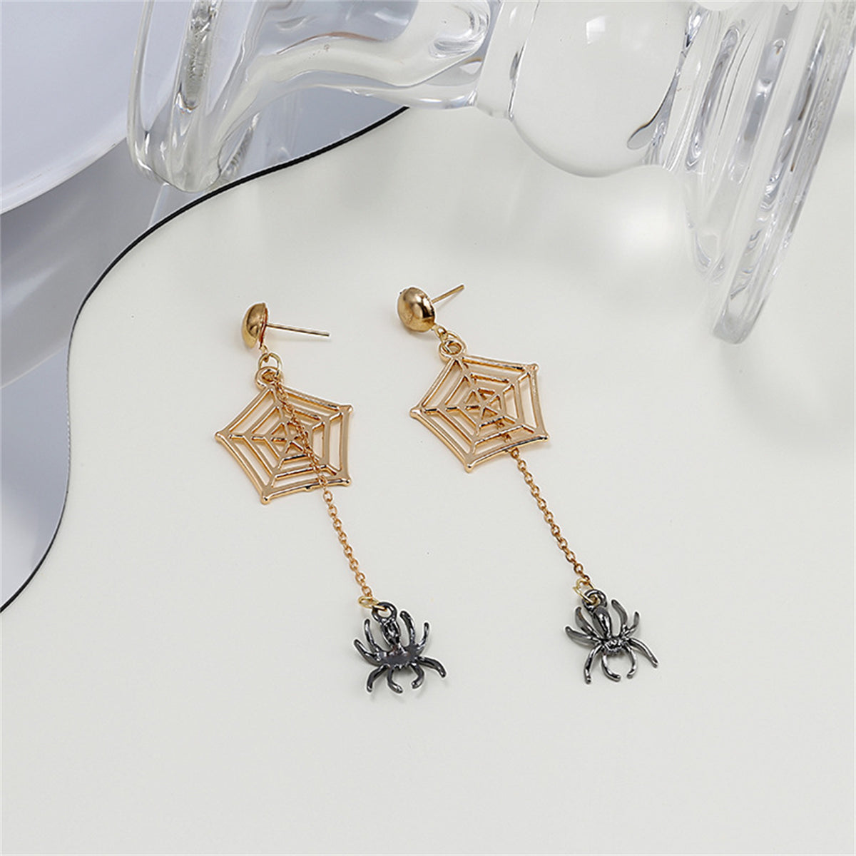 Two-Tone Spider & Web Drop Earrings