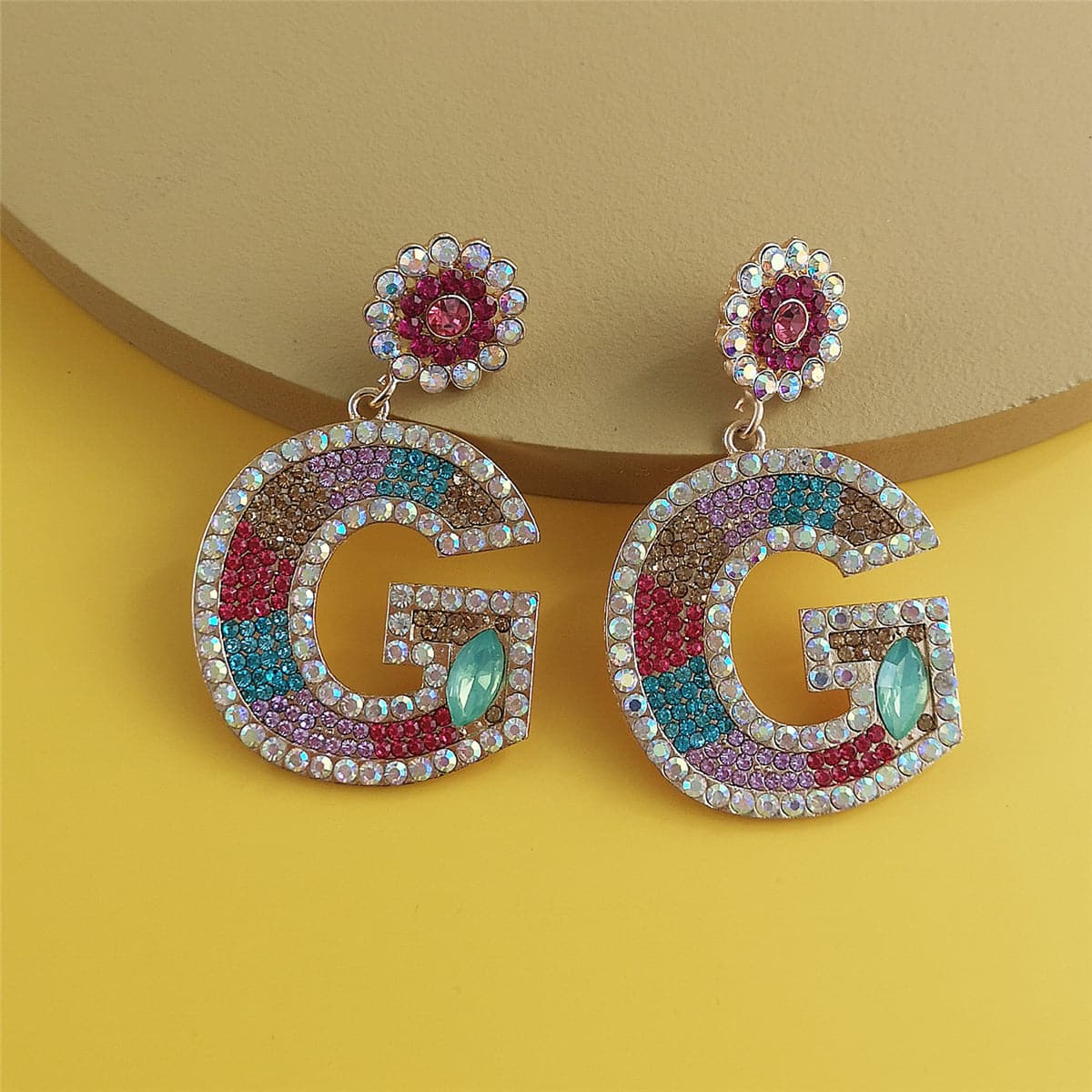 Blue & Pink Crystal & Cubic Zirconia 'G' Drop Earrings
