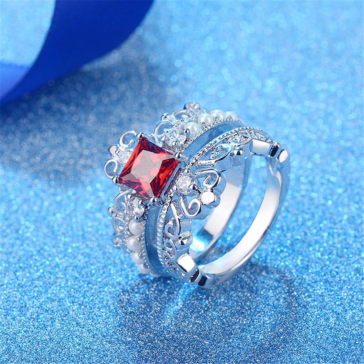 Red Crystal & Pearl Silver-Plated Crown Ring Set