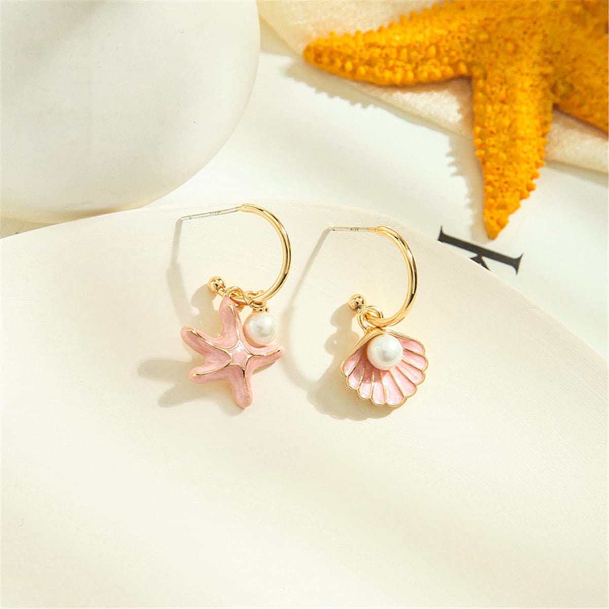 Red Enamel and Pearl 18K Gold-Plated Shell and Starfish Drop Earrings, gold drop earrings for women, side view