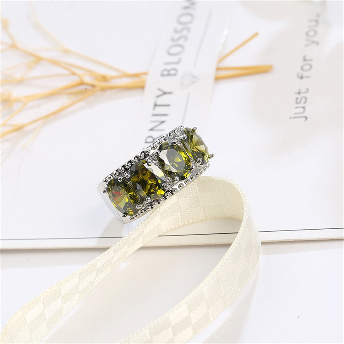 Olive Crystal and Silver-Plated Prong Ring, silver statement rings for women, botanical inspired, lifestyle look
