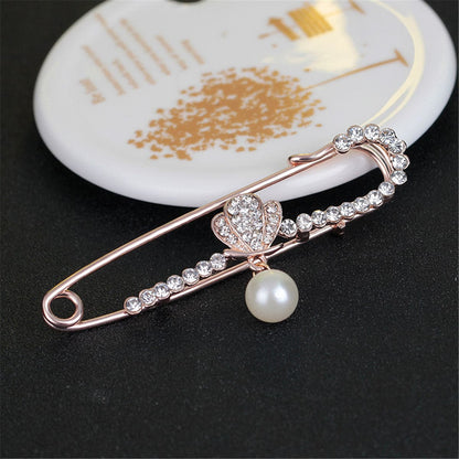 Cubic Zirconia and 18K Gold-Plated Safety Pin Brooch, gold brooch pin, vintage-inspired design, front view