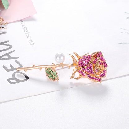 Pink Cubic Zirconia and Pearl Rose Brooch, brooch pin, botanical inspired, detail close-up