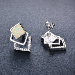 White Opal & Cubic Zirconia Tri-Square Stud Earrings