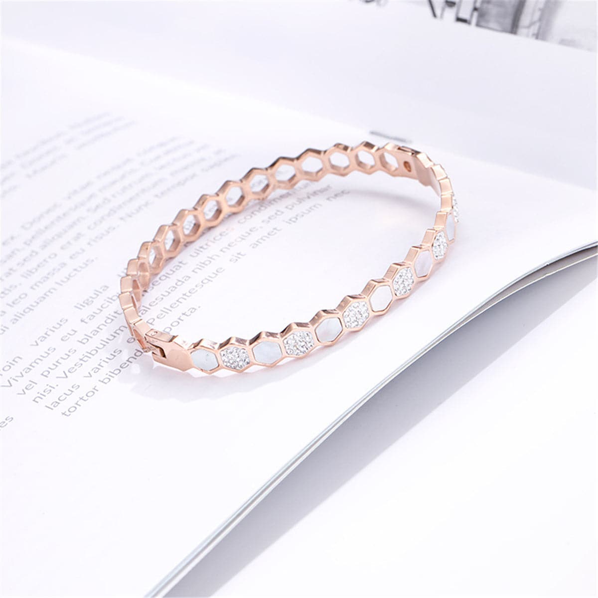 Cubic Zirconia and Shell Honeycomb Bangle, bangle bracelet, vintage-inspired design, side view