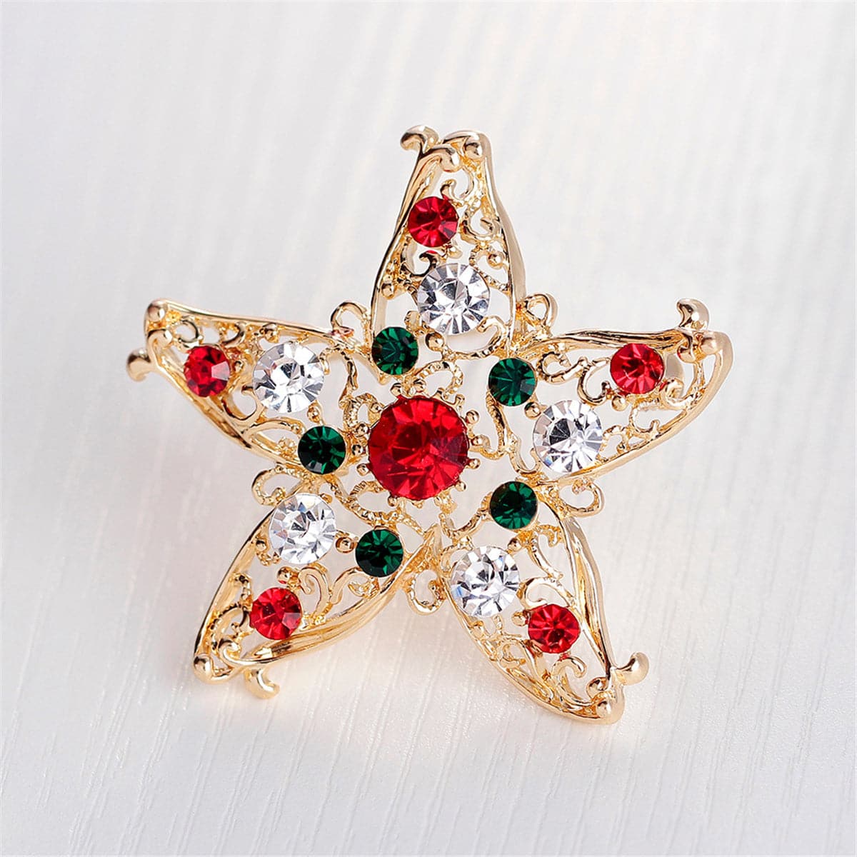 Cubic Zirconia & 18K Gold-Plated Filigree Star Brooch