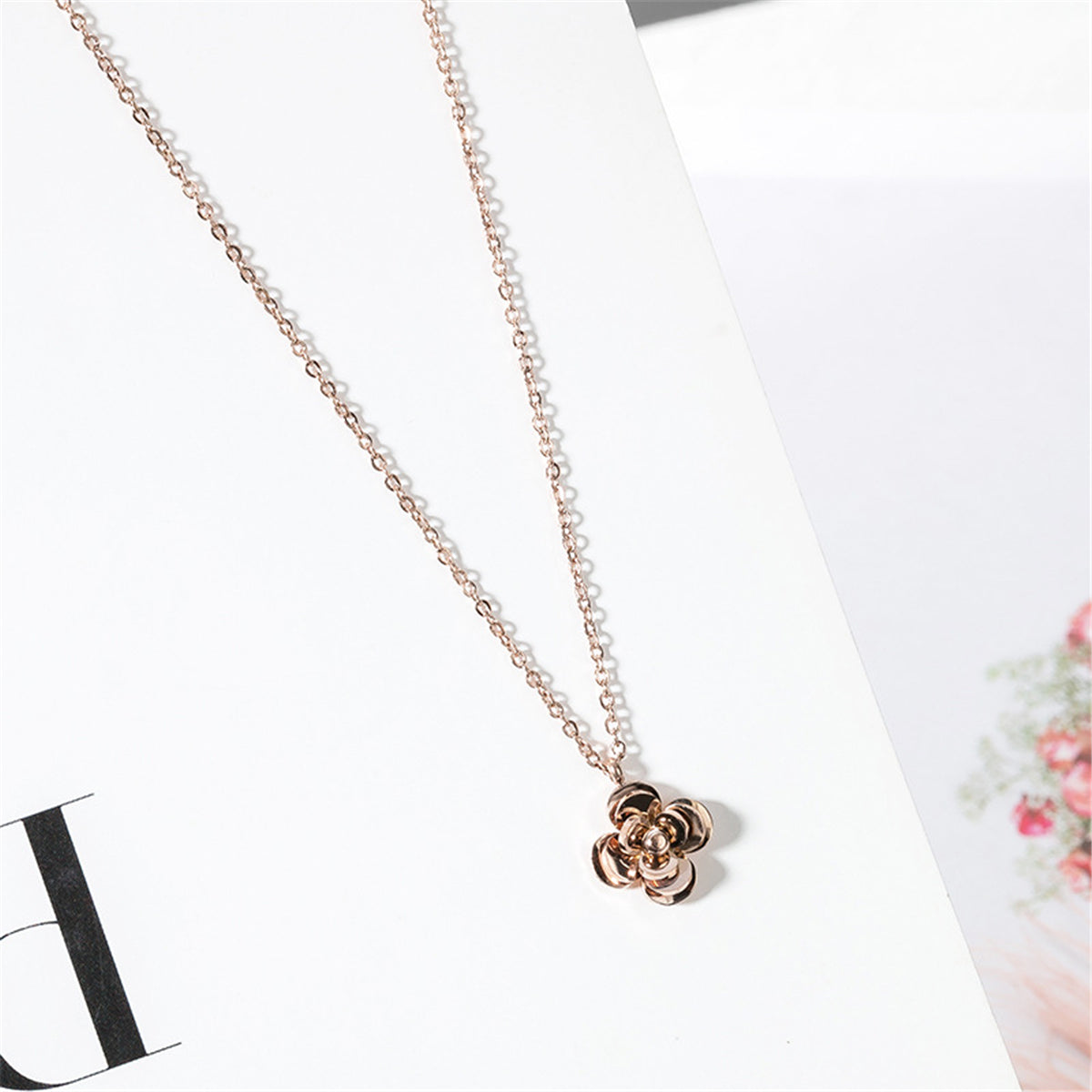 18K Rose Gold-Plated Camellia Pendant Necklace, rose gold pendant necklace for women, dainty minimalist design, styled look