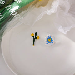 Blue & White Mismatch Flower & Branch Stud Earrings