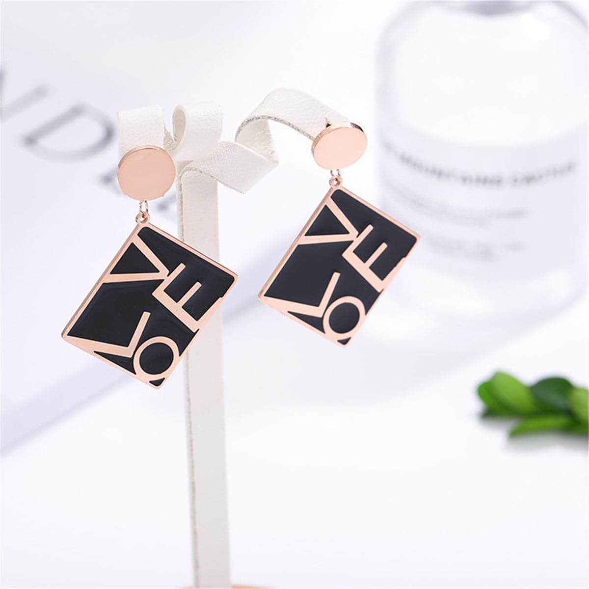 Black & 18K Rose Gold-Plated 'Love' Square Drop Earrings