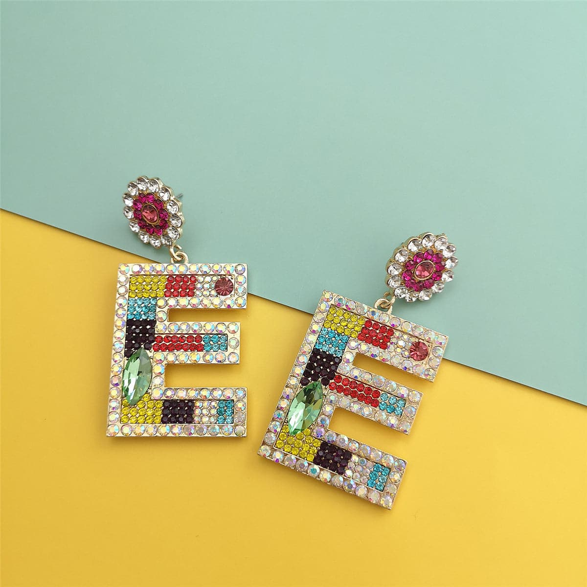 Blue & Pink Crystal & Cubic Zirconia 'E' Drop Earrings