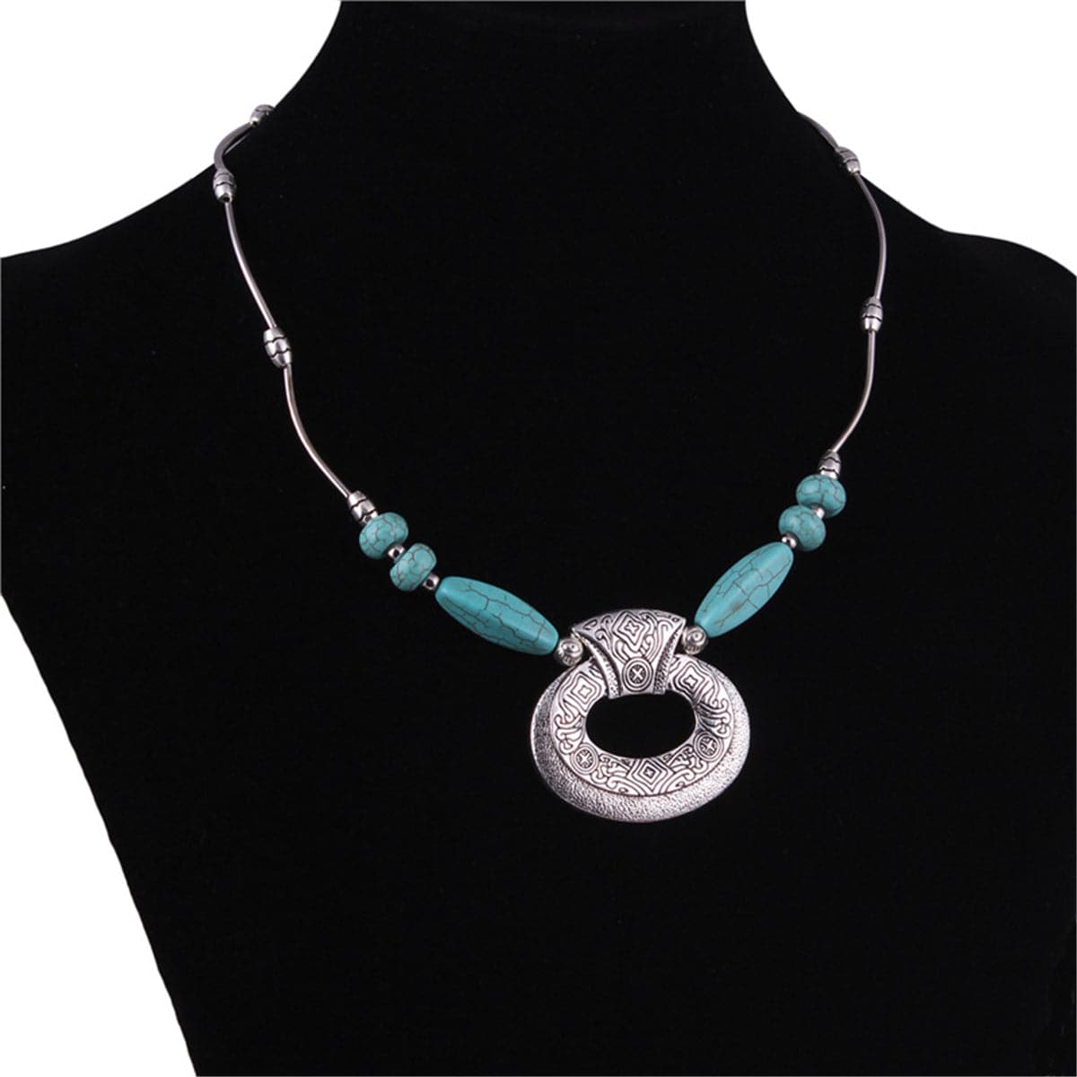 Turquoise & Silver-Plated Geometric Pendant Necklace