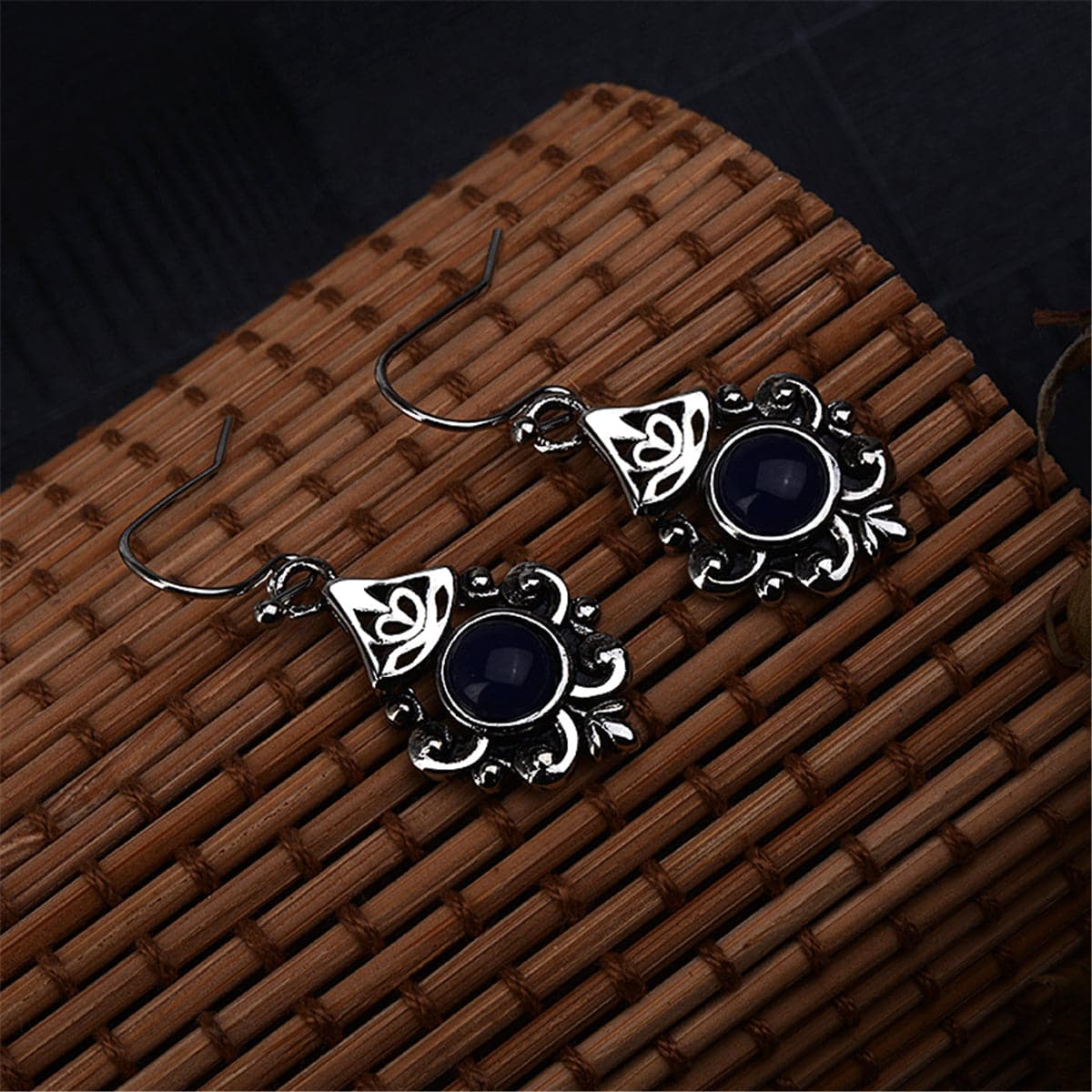 Retro Blue Crystal & Silver-Plated Filigree Drop Earrings