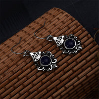 Retro Blue Crystal & Silver-Plated Filigree Drop Earrings