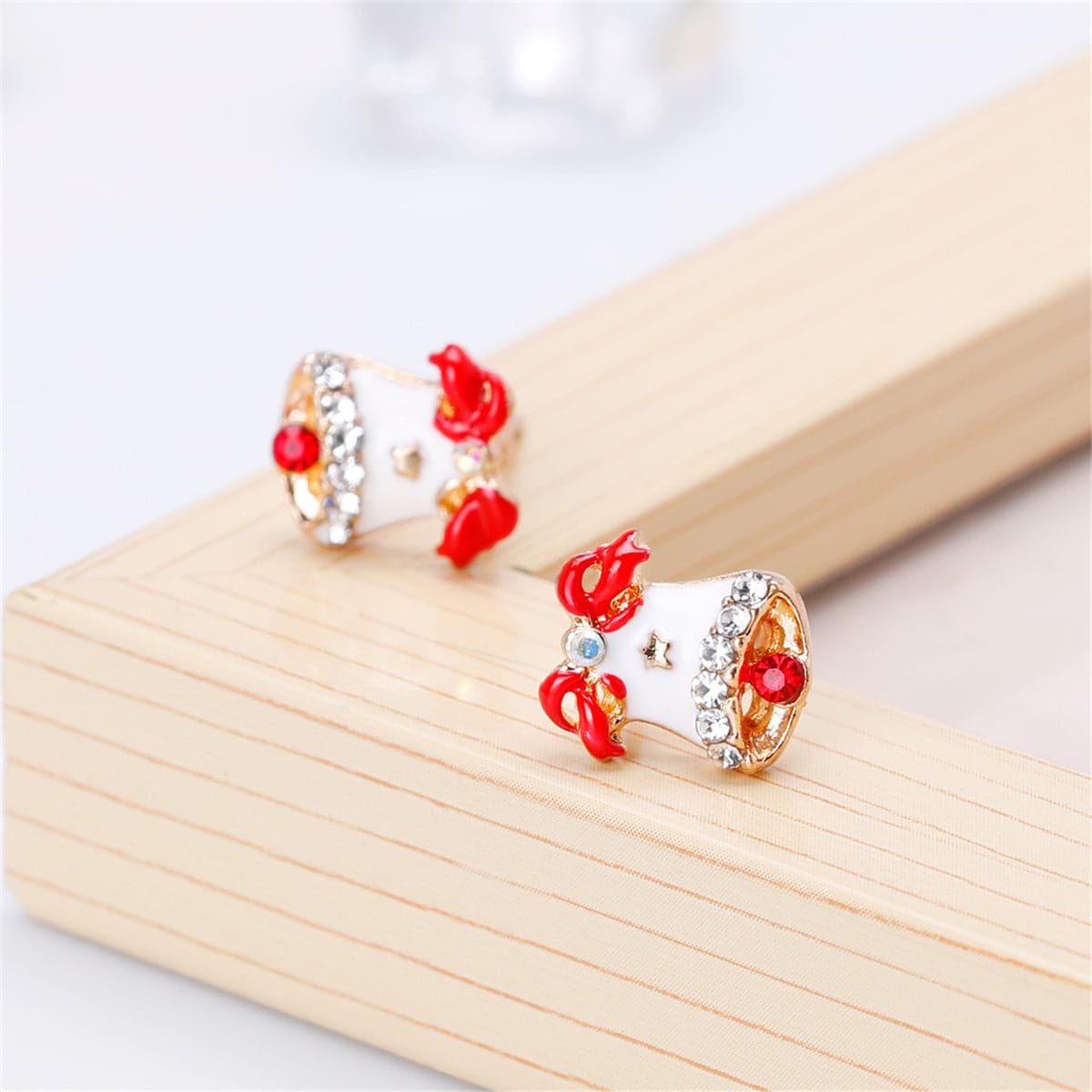 Cubic Zirconia & Enamel 18K Gold-Plated Christmas Bell Stud Earrings