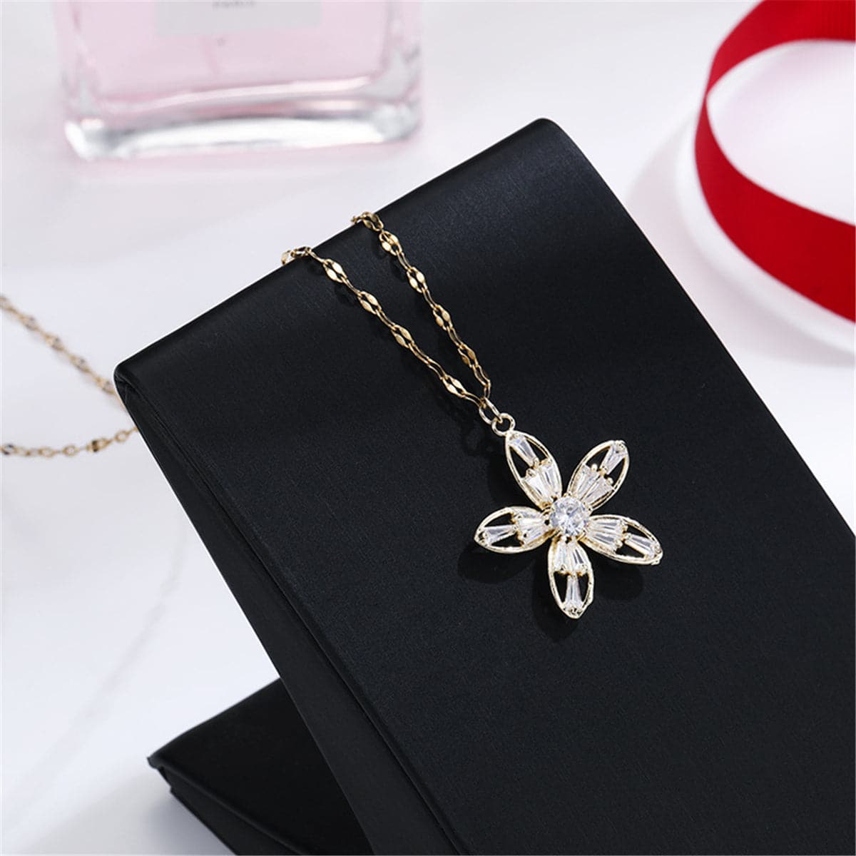 Cubic Zirconia & 18K Gold-Plated Flower Pendant Necklace
