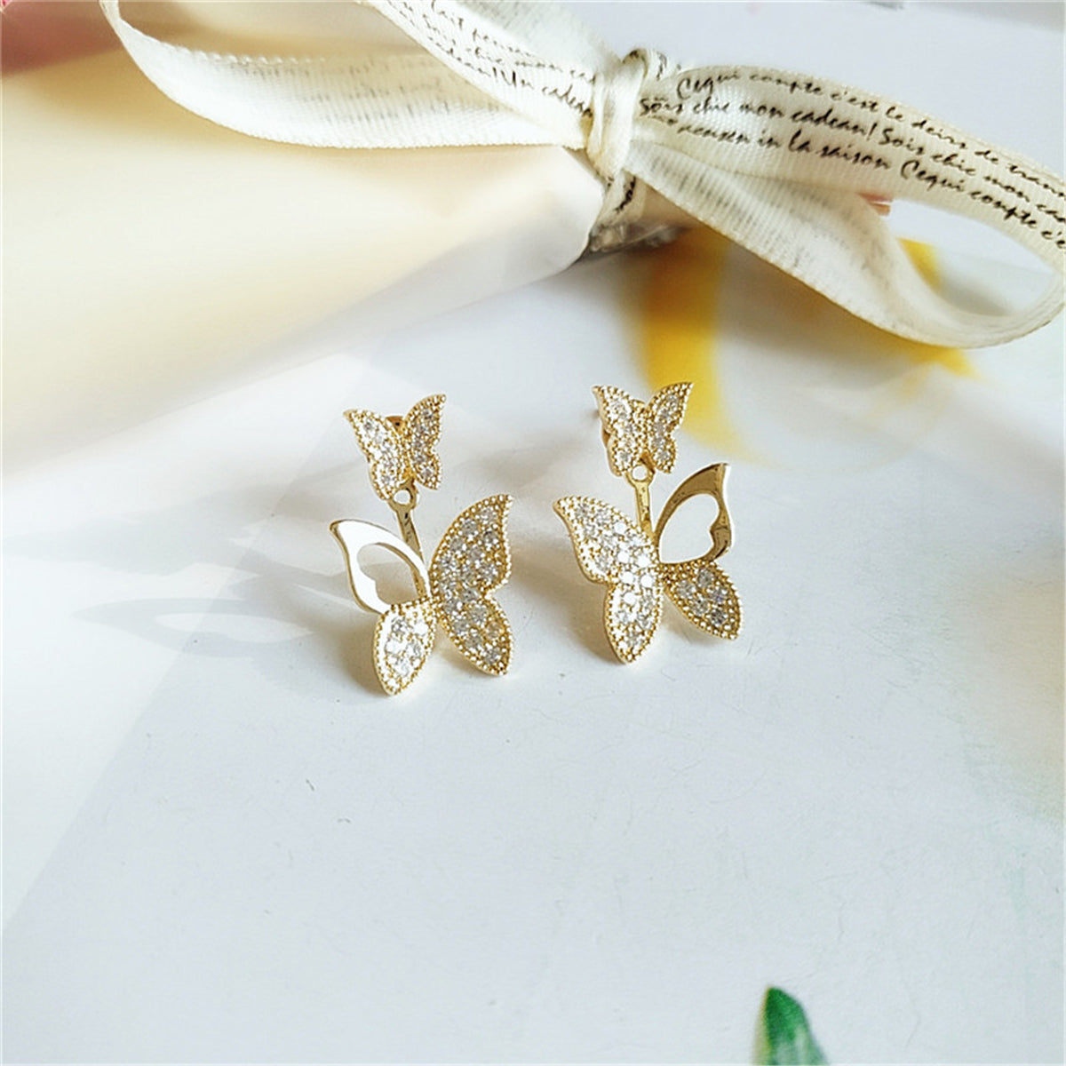 Cubic Zirconia & 18K Gold-Plated Cutout Butterfly Ear Jackets