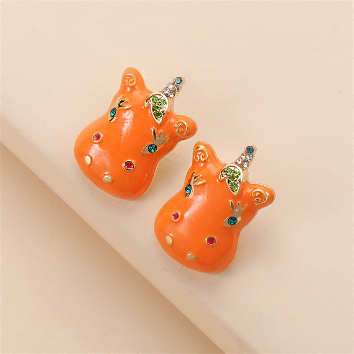 Cubic Zirconia & Enamel 18K Gold-Plated Horse Stud Earrings