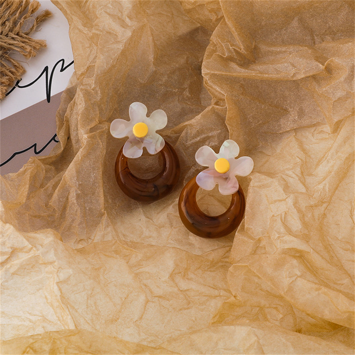 Brown and White Acrylic Floral Hoop Stud Earrings, drop earrings for women, botanical inspired, detail close-up