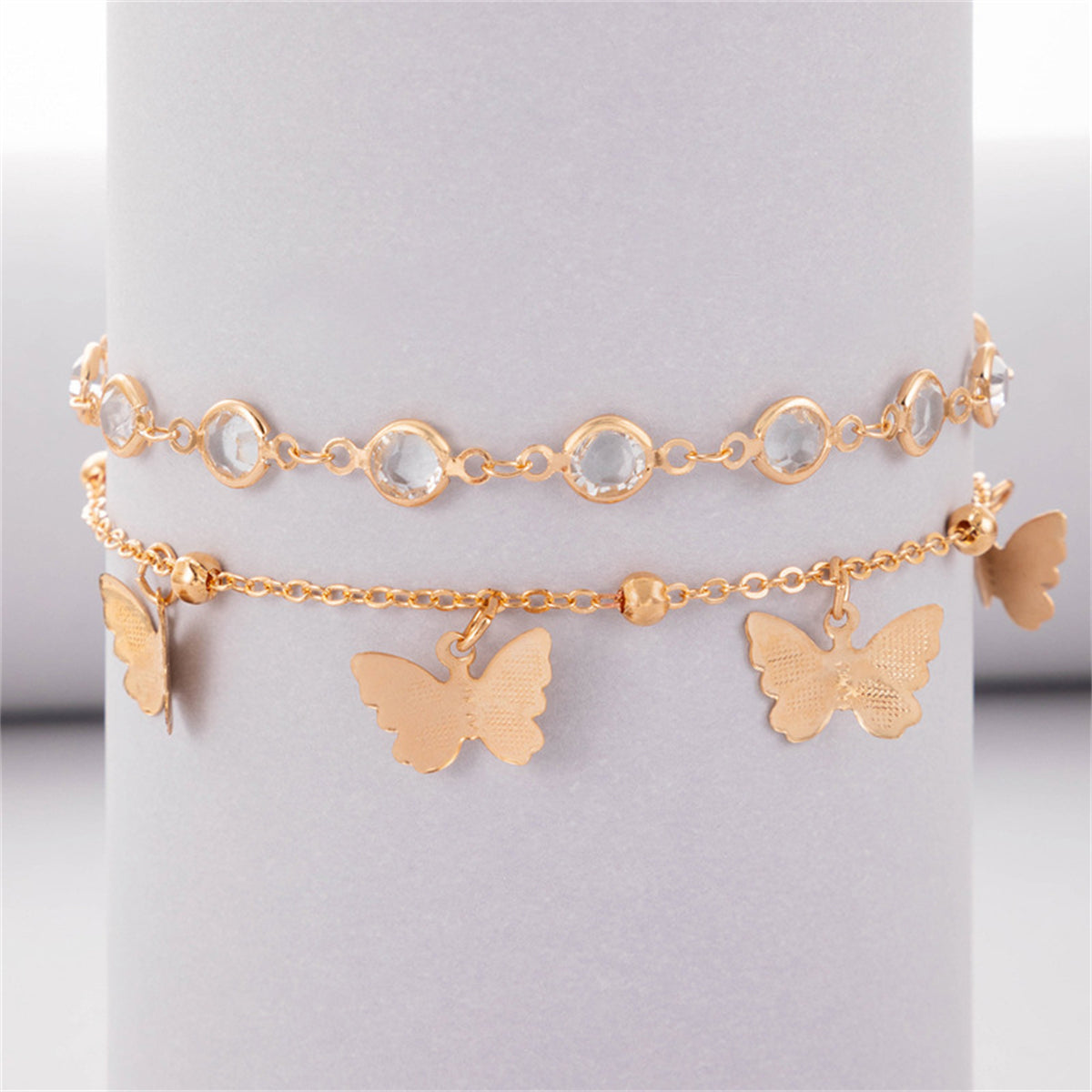 Cubic Zirconia & 18K Gold-Plated Butterfly Tassel Anklet Set