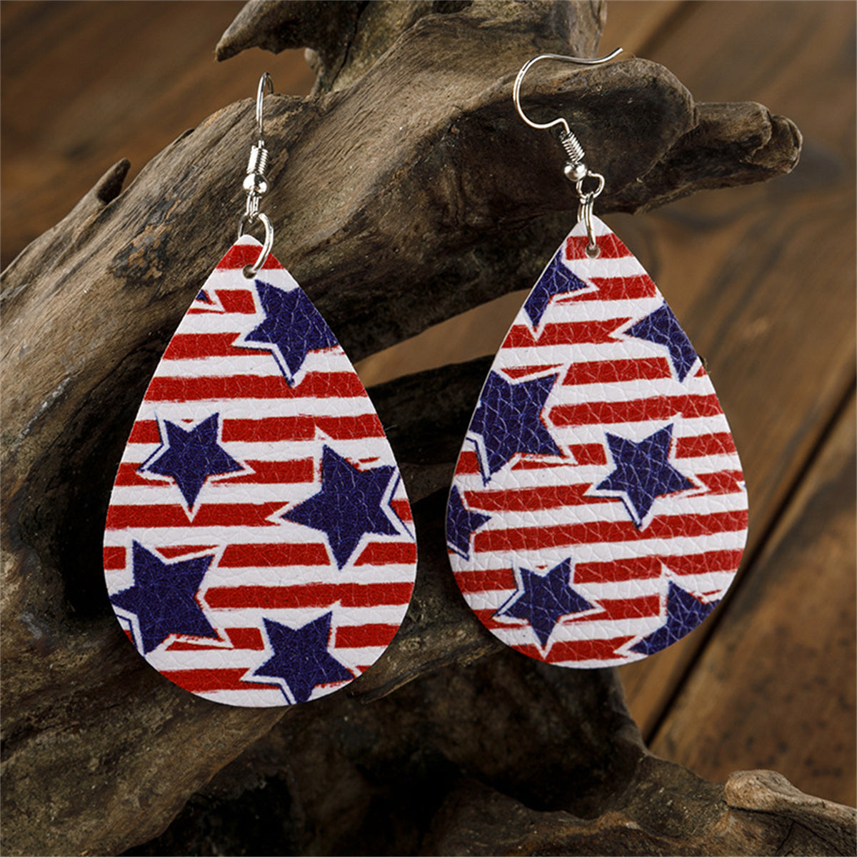 White & Red Polystyrene Starry Stripes Teardrop Drop Earrings