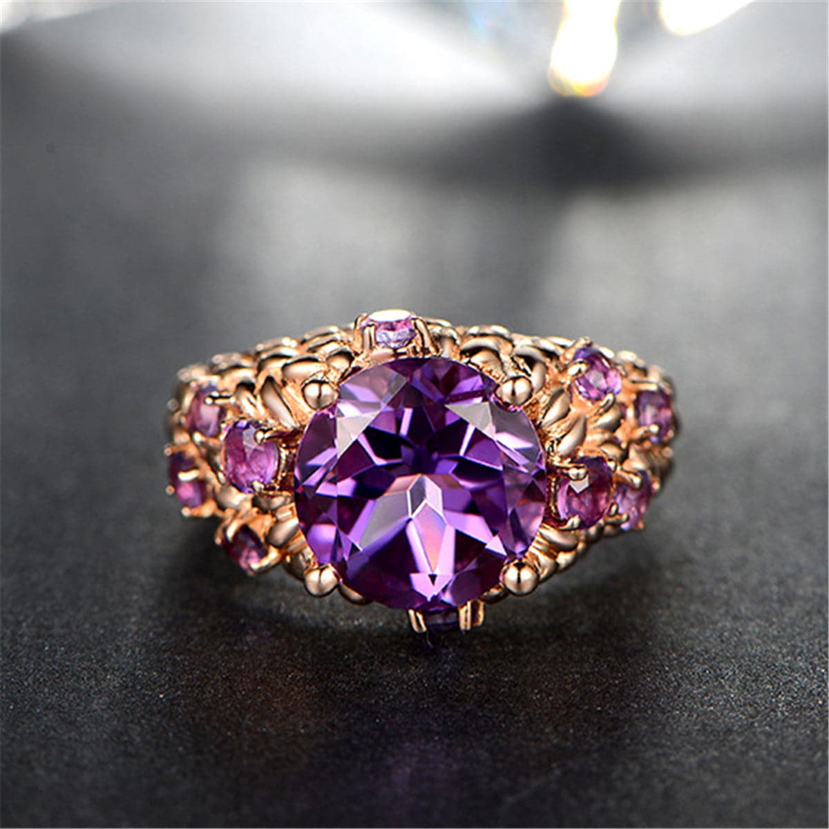 Purple Crystal & 18k Rose Gold-Plated Seed-Texture Ring - streetregion