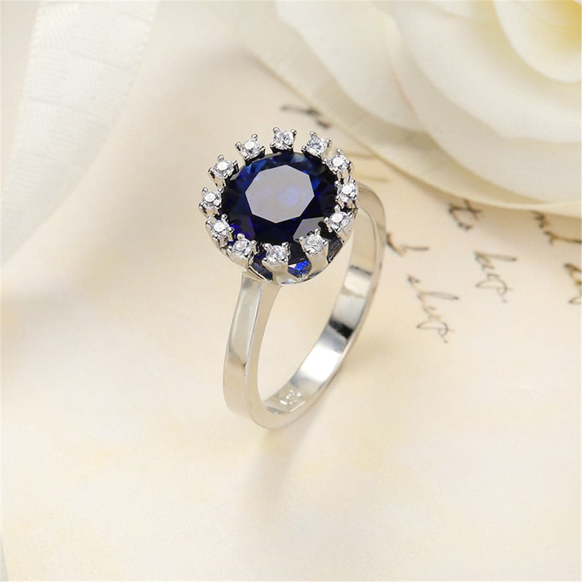 Navy Crystal & Cubic Zirconia Silver-Plated Halo Sunflower Ring