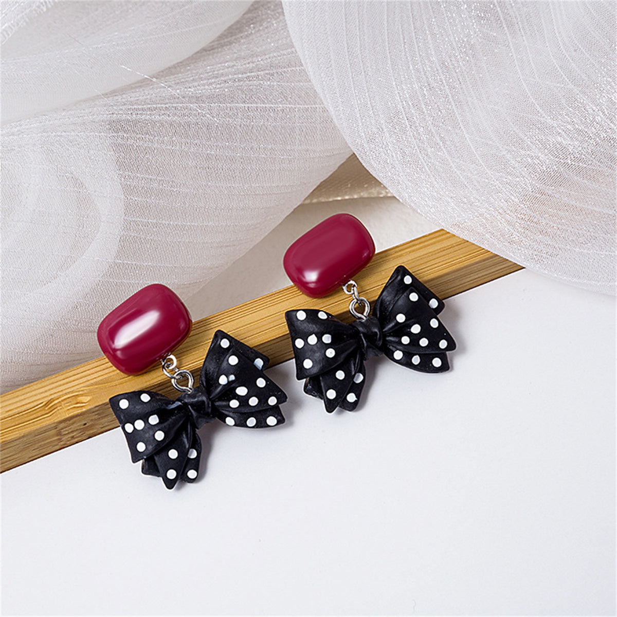 Red & Black Polka Dot Bow Drop Earrings